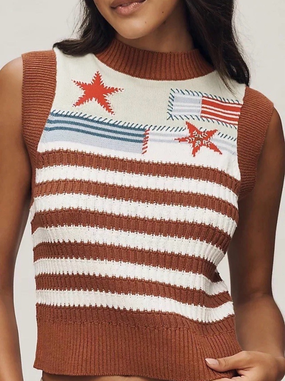 Anthropologie Maeve Linen Blend Sweater Vest Abstract Stripe Sleeveless Star XL